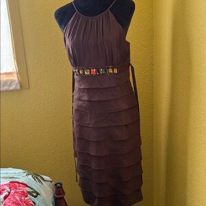 Cache Brown Tiered Midi Dress with Embellished Waist